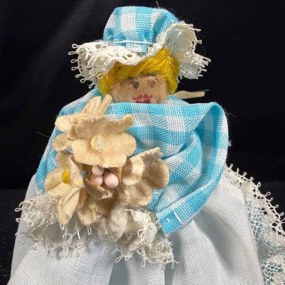 Vintage Clothespin Doll Wood Fabric Folk Art Blue Gingham Sunbonnet 5.5"